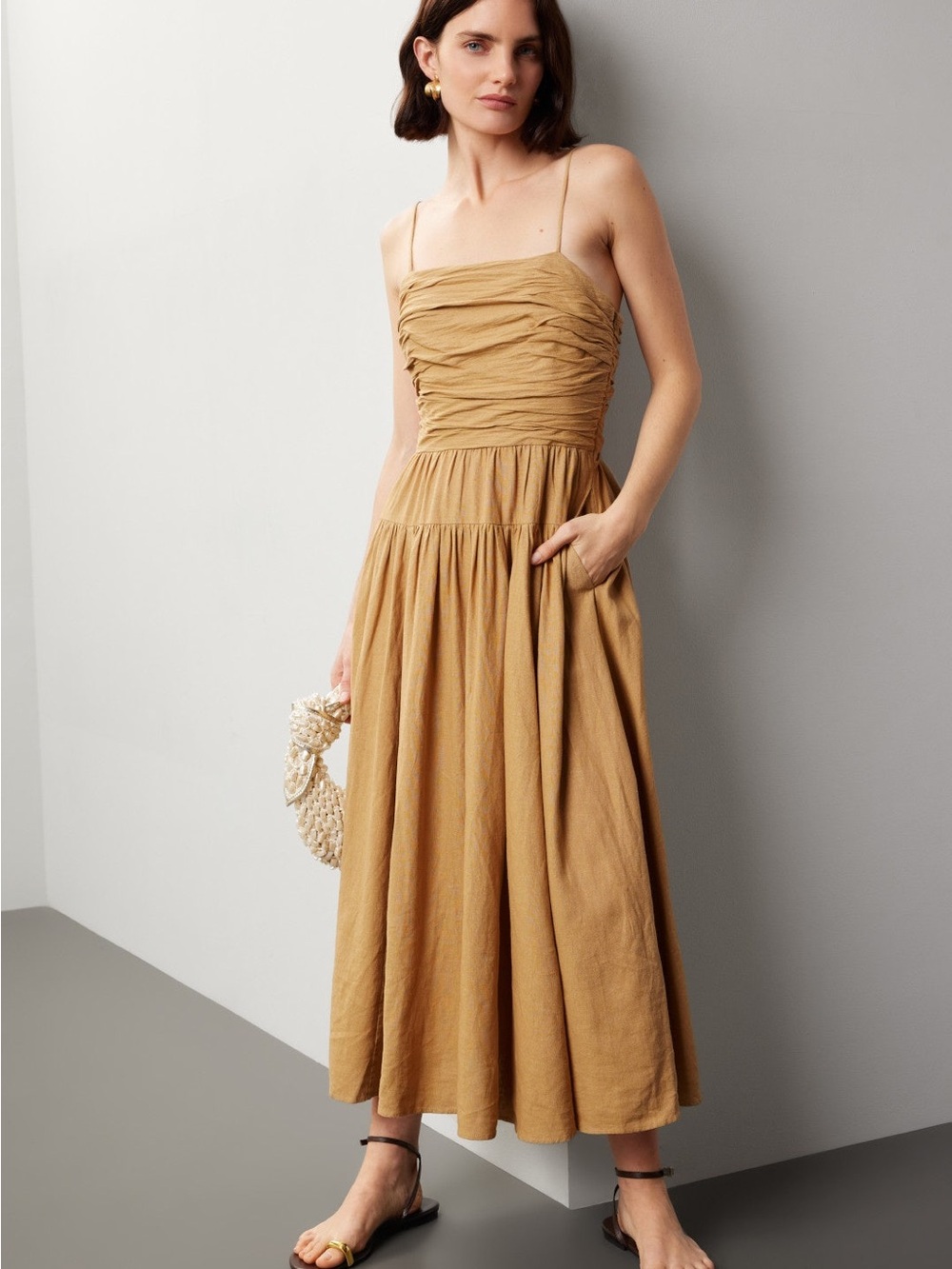 Ruched Bodice Spaghetti-Strap Midi Dress in Camel